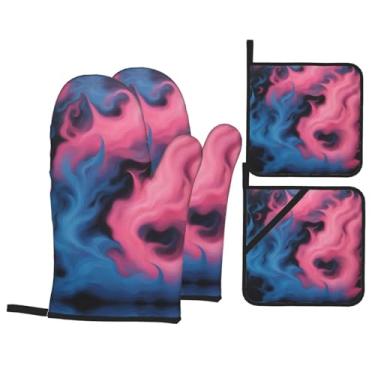 Imagem de Luvas de cozinha resistentes ao calor e suporte de panela com estampa de fogo azul e rosa, luvas confortáveis para cozinhar