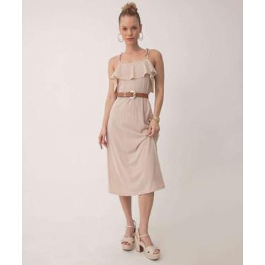 Imagem de Vestido Midi Feminino Babado Canelado Marisa Bege-61052, Bege, G