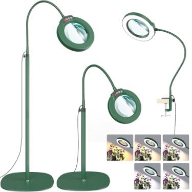 Imagem de Lupa de 10 x com luz e suporte, lente de vidro real de grau óptico, 5 modos de cor, regulável contínuo, lâmpada de piso 3 em 1 flexível pescoço de ganso de 61 cm, lupa iluminada por LED, mãos livres