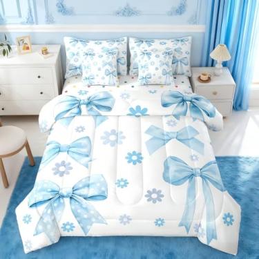 Imagem de Erosebridal Conjunto de edredom com laço azul para meninas, solteiro, borboleta, nó de princesa, em uma bolsa, microfibra ultramacia com laço, 7 peças, decoração de quarto