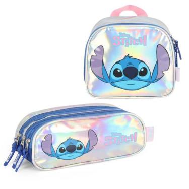 Imagem de Kit Estojo Stitch Escolar Prata Disney Com Lancheira Termica