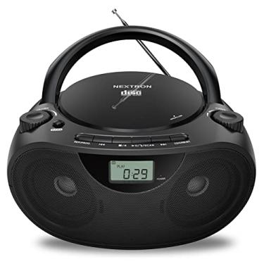 Imagem de Nextron Leitor de CD portátil Bluetooth com sistema de som estéreo de rádio AM/FM, reprodução de CD/MP3/WMA, portas USB e AUX, conector de fone de ouvido, visor LCD, operado por CA/CC