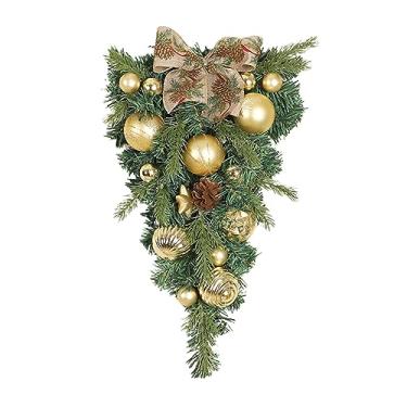 Imagem de Brindes de lágrima de Natal tradicionais ZHDOKA para porta da frente, enfeites de porta de inverno artificial com laço grande, pinha e enfeites de bolas vermelhas/douradas para decoração de(Ouro)