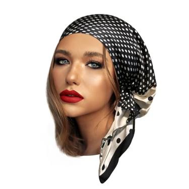 Imagem de ShariRose Lenço de cabeça feminino preto e branco antiderrapante, bandana de bolinhas pré-amarrada (cetim preto e branco)