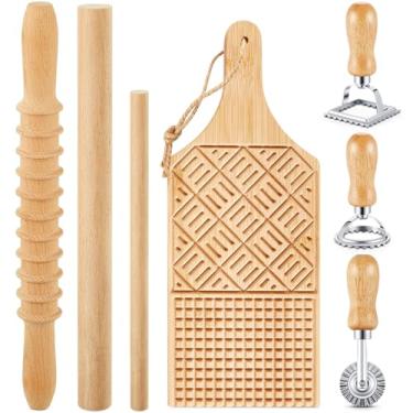 Imagem de Tioncy Conjunto de 7 ferramentas para fazer massas, placa de nhoque de madeira com carimbo de ravióli, máquina de ravioli e rolo de massa, máquina de gnocco caseiro, presente de cozinha para amantes
