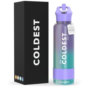Imagem de Garrafa de água isolada Coldest com tampa de canudo - Garrafa térmica de metal de aço inoxidável para homens e mulheres (roxo - glitter coral interestelar, 1,2 l)