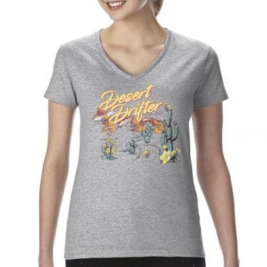 Imagem de Camiseta feminina Desert Drifter com decote em V Vintage Boho Desert Vibe Retro Southwest Bohemian Cactus Art American Travel Tee, Cinza, M