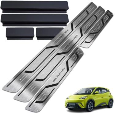 Imagem de Soleiras em aço Inox BYD Dolphin Mini com Vinil Adesivo Protetor (Preto Inox Escovado)