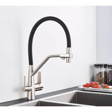 Imagem de Torneira da pia da cozinha torneira misturadora de filtro de água pura guindaste dupla alças purificação cozinha e torneira fria, escovado c