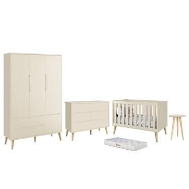 Imagem de Dormitório Infantil Theo 3 Portas, Cômoda 6 Gavetas, Berço, Mesa de Canto com Pés Madeira Natural e Colchão - Reller Móveis