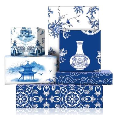 Imagem de Fantasia vintage azul e branca porcelana chinoiserie aquarela gengibre jarra selva azul papel de embrulho, papel de arte oriental dobrado plano 6 folhas 6 desenhos: 23 pés quadrados ttl-para