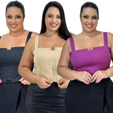 Imagem de Kit 3 Cropped Top Plus Size Alfaiataria Luxo Com Detalhe Lastex Moda F