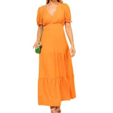 Imagem de Vestido feminino longo decote V manga curta bufante elegante - Filó Mo