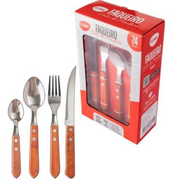Imagem de Kit Faqueiro 24 Peças Colher Garfo Faca Cabo de Madeira - CLINK