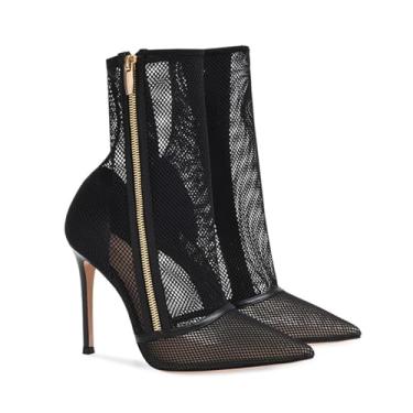 Imagem de Rock88 Salto alto feminino com recorte de malha preta, botas de tornozelo com zíper lateral e salto agulha, bico fino para festas e dança, Preto, 41