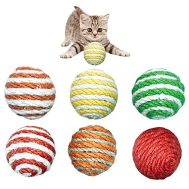 Imagem de Qusmeiyici 6 peças de brinquedo de bolas de sisal para gatos, os melhores brinquedos para gatos em ambientes internos – Conjunto de brinquedos de bola de chocalho com cordão de lã para gatos (cor