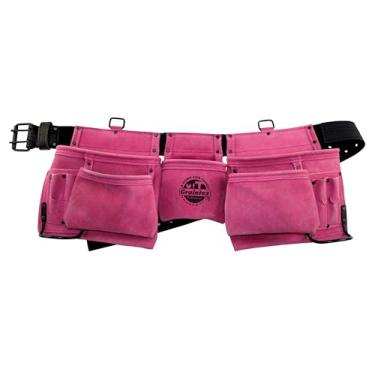 Imagem de GRAINTEX DS2015 Avental de trabalho profissional com 11 bolsos de couro de camurça cor rosa com cinto de couro de 5 cm, 2 suportes de martelo para construtores, eletricistas, encanadores, faz-tudo