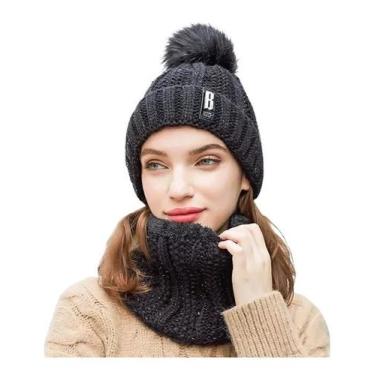 Imagem de Kit Touca Gorro PomPom Cachecol Gola Forrada Lã Inverno Frio - Modas F