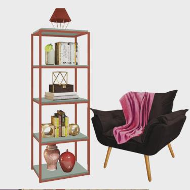 Imagem de Kit Poltrona Fatte com Manta Soft e Estante Livreiro Ferro Bronze mdf Verde Oliva Suede Marrom - Ahazzo Móveis