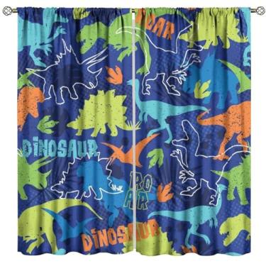 Imagem de Cortinas de dinossauro para meninos, desenhos animados coloridos, dinossauros, animais engraçados, crianças, azul escuro, safári, vida selvagem, arte impressa, cortinas para janela para crianças,