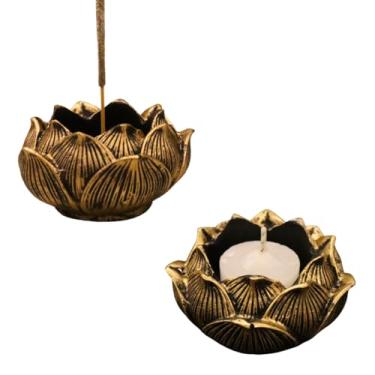 Imagem de Enfeite de Mesa Incensário Vareta Flor de Lótus e Castiçal Porta Vela em Resina dourado