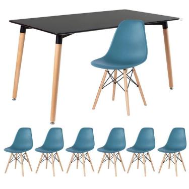 Imagem de Kit - Mesa Retangular Eames 80 X 140 Cm Preto + 6 Cadeiras Dsw Turquesa Mesa Preto Com Cadeiras Turquesa