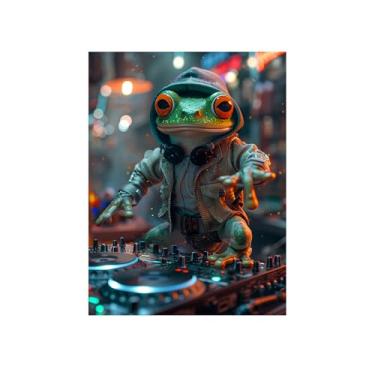 Imagem de Liuzhouzai Pôster de mão engraçado Antropomorfismo Sapo DJ Impressão de arte de parede em tela Humor e decoração de casa fofa Estética Adequado para decoração de parede de sala de estar e quarto (40,6