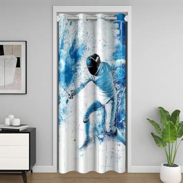 Imagem de Cortina blecaute de esgrima 1 painel 86 cm L x 203 cm C, cortina de entrada de atleta de jogo esportivo moderno cortina de porta para cozinha restaurante, cortinas de porta tie dye azul esportivo