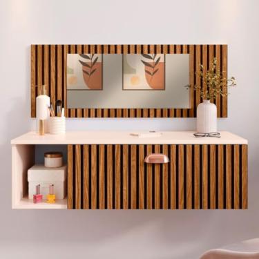 Imagem de Penteadeira Suspensa Com Espelho E Gaveta Closet Quarto Camarim Salão Maquiagem (Off White/Ripado)