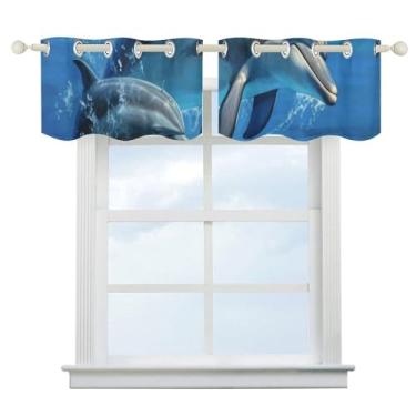 Imagem de Cortina blackout Dolphins in the Sea Cortinas de janela curta escurecimento de quarto com isolamento térmico para cozinha, sala de jantar, quarto, 2 painéis 132 x 46 cm