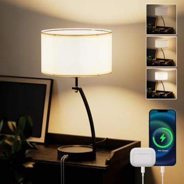 Imagem de HYMELA Luminária De Mesa Cabeceira C07-3 - Toque Regulável 3 Vias Para Quarto, Preta Com Portas Carregamento Usb C+A, Sala Estar Lateral Simples E Moderna, Entrada, Corredor, Lâmpada Incluída