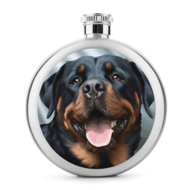 Imagem de Cantil de aço inoxidável, Rottweiler Cachorros Língua Cabeça Impressão Garrafa de Metal Clássico Frasco de Bolso Frasco de Quadril Frasco de Viagem Frasco Portátil de Licor