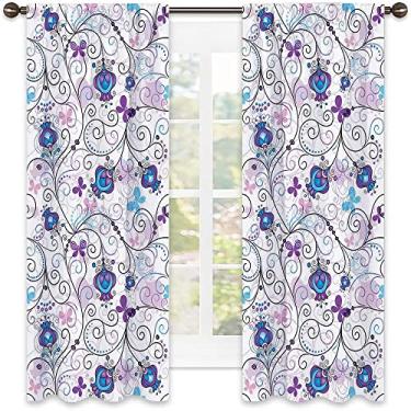 Imagem de Cortinas blecaute com bolso para varão, ilustração abstrata sonhadora de flores e borboletas rodopiando ramos, para quarto, jardim de infância, sala de estar, L 130 x C 150 cm, multicolorido