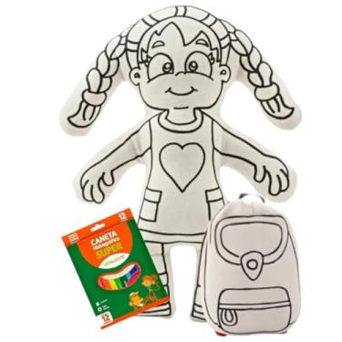 Imagem de Boneca Para Pintar Lavável Menina de Trança + Boneco Menino Sereia com Mochila Criativa Infantil