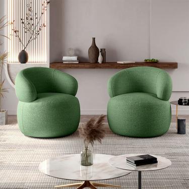 Imagem de Kit 2 Poltronas Design Orgânico Moderno e Sofisticado Eloah Base Giratória Bouclé Italiano Verde Sel