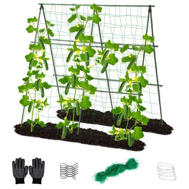 Imagem de lalahoni Garden Trellis Para Plantas Trepadeiras Ao Ar Livre, Treliça De Pepino Metal 4 Pés X Canteiro Elevado, Suporte Dobrável Em Formato A Trepadeiras, Vegetais, Com Redes, Verde
