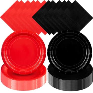 Imagem de Zhehao 120 peças de pratos de papel descartáveis e guardanapos decorações de festa de aniversário de 18 cm pratos descartáveis para chá de bebê suprimentos de festa de casamento (vermelho, preto)