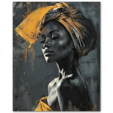 Imagem de Arte de retrato afrocêntrico Golden Grace - Pôster amarelo e cinza sem moldura 20 x 25 - Decoração de parede afro-americana para sala de estar, quarto ou escritório - Arte abstrata laranja mostarda