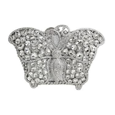 Imagem de HUANG ZHUANG Bolsa De Noite Com Borboletas E Strass Brilhantes, Clutch Cristais Animais Para Festa Casamento Baile (Prata)