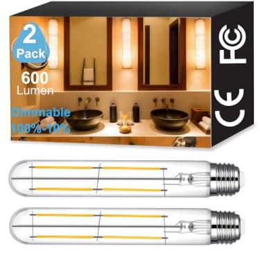 Imagem de Vinaco Lâmpada LED Edison T10/T30, pacote com 2 lâmpadas tubulares reguláveis sem cintilação T10 600LM 6W, igual a 60W, base E26 de vidro transparente branco quente de 2700K, lâmpada LED T10 para