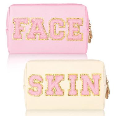 Imagem de Bolsa de maquiagem Sotiff Preppy Patch impermeável em couro PU Chenill