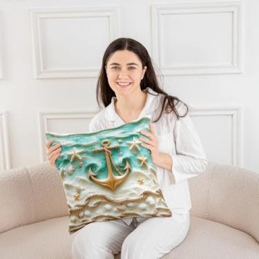 Imagem de Manfei Âncora Capa de almofada infantil, concha de estrela-do-mar, oceano, praia, litoral, frente e verso, capa de almofada de sofá com corda de cânhamo, aventura náutica, azul-petróleo, branca