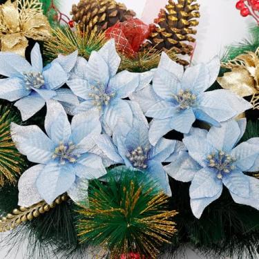 Imagem de 10 peças de flores artificiais de Natal com purpurina de poinsétia flores falsas guirlanda de árvore de Natal DIY ornamento festivo decoração de casa azul