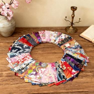 Imagem de 50 peças 9,9 x 9,89 cm, conjunto de tecido de algodão, patchwork quadrados, tecido de embrulho estilo japonês, tecido acolchoado para artesanato de costura de retalhos DIY com diferentes padrões
