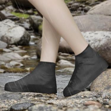 Imagem de 1 par de capas de sapato impermeáveis para chuva, sapatos antiderrapantes reutilizáveis com design de tornozelo alto, protetores de bota, Preto, Large Women/Medium Men