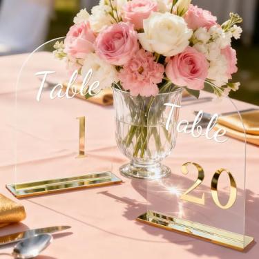 Imagem de Números de mesa de casamento em arco 1-20 com suportes número dourado 3D 14 cm x 17,8 cm, arco transparente, placas de acrílico com suporte, números de mesa de acrílico transparente para recepção de