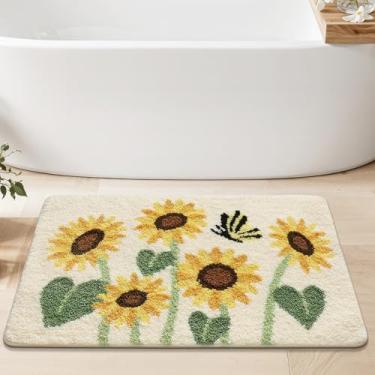 Imagem de Tapete de banheiro, tapete de banho de borboleta de girassol amarelo com macio e antiderrapante, tapete ultra absorvente, tapete de banho lavável na máquina para banheiro banheira 50 x 81 cm (bege)