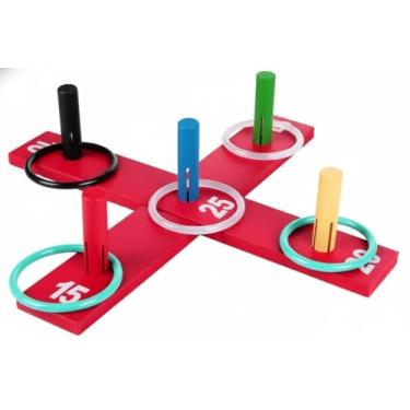Imagem de Jogo de Argolas Infantil em Madeira, Base Vermelha com 4 Pinos Coloridos, Brinquedo Educativo para Desenvolvimento de Coordenação Motora
