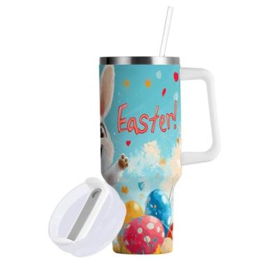 Imagem de Blueangle Copo fofo de coelho da Páscoa de 850 g com alça e tampa de palha, copo isolado reutilizável de aço inoxidável garrafa de água caneca de viagem (555)