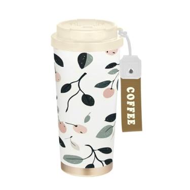 Imagem de SEHANY Caneca de viagem de cereja fofa de 482 g Copos de café reutilizáveis revestidos de cerâmica com tampa à prova de vazamento, parede dupla, isolamento a vácuo, copo de café de aço inoxidável para